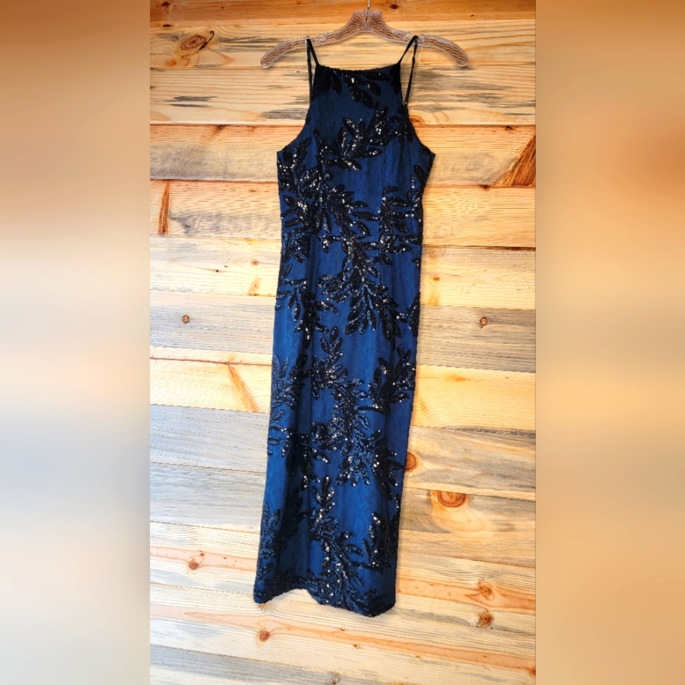 Dress The Population Ashley Sequin High Neck Sleeveless Midi Dress Teal XS